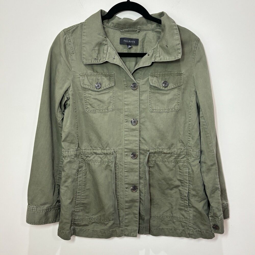 Talbots Linen Cotton Utility Safari Jacket S Olive Green Military Field Coat